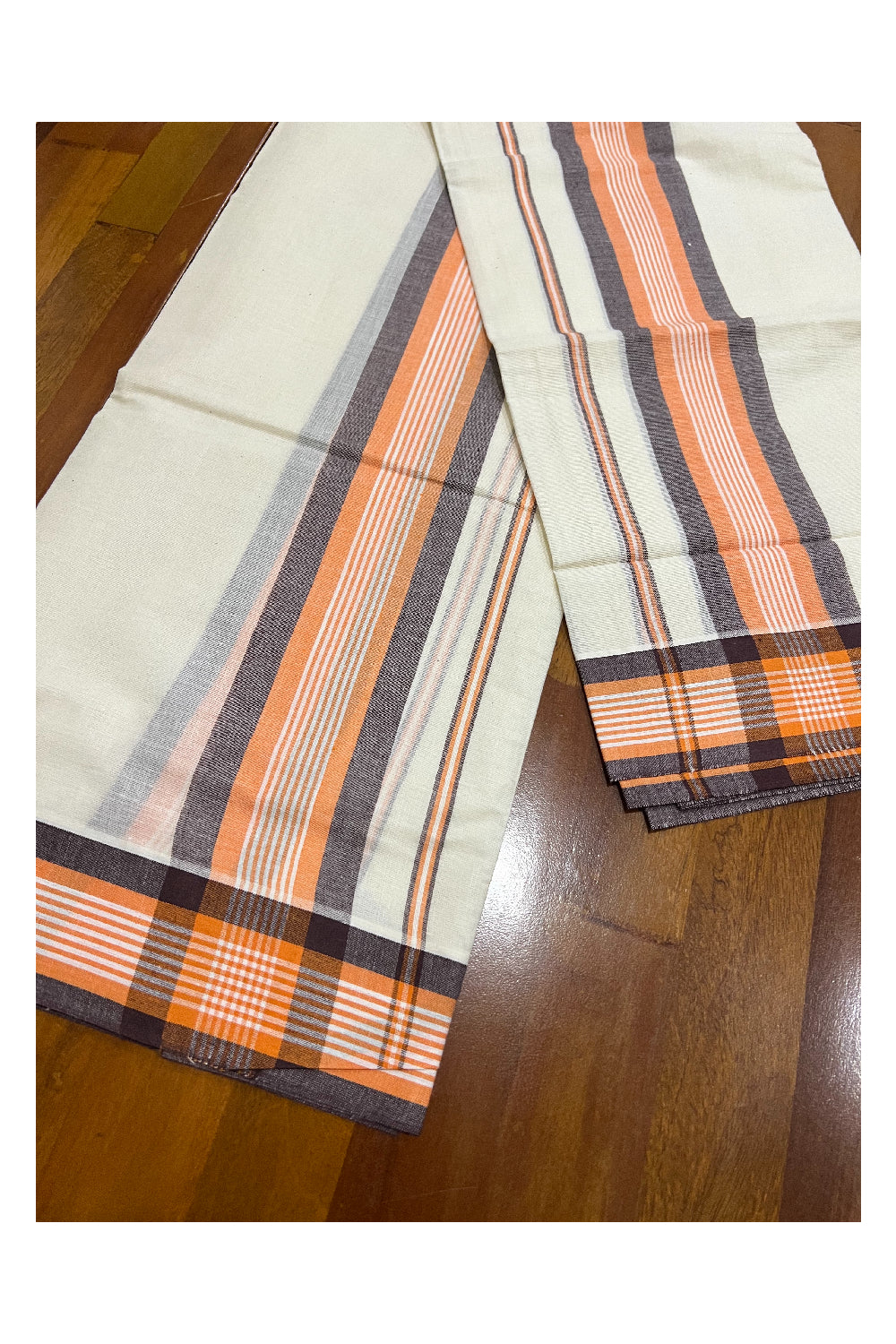 Kerala Cotton Mundum Neriyathum Single (Set Mundu) with Brown and Orange Mulloth Border (Extra Soft Cotton)