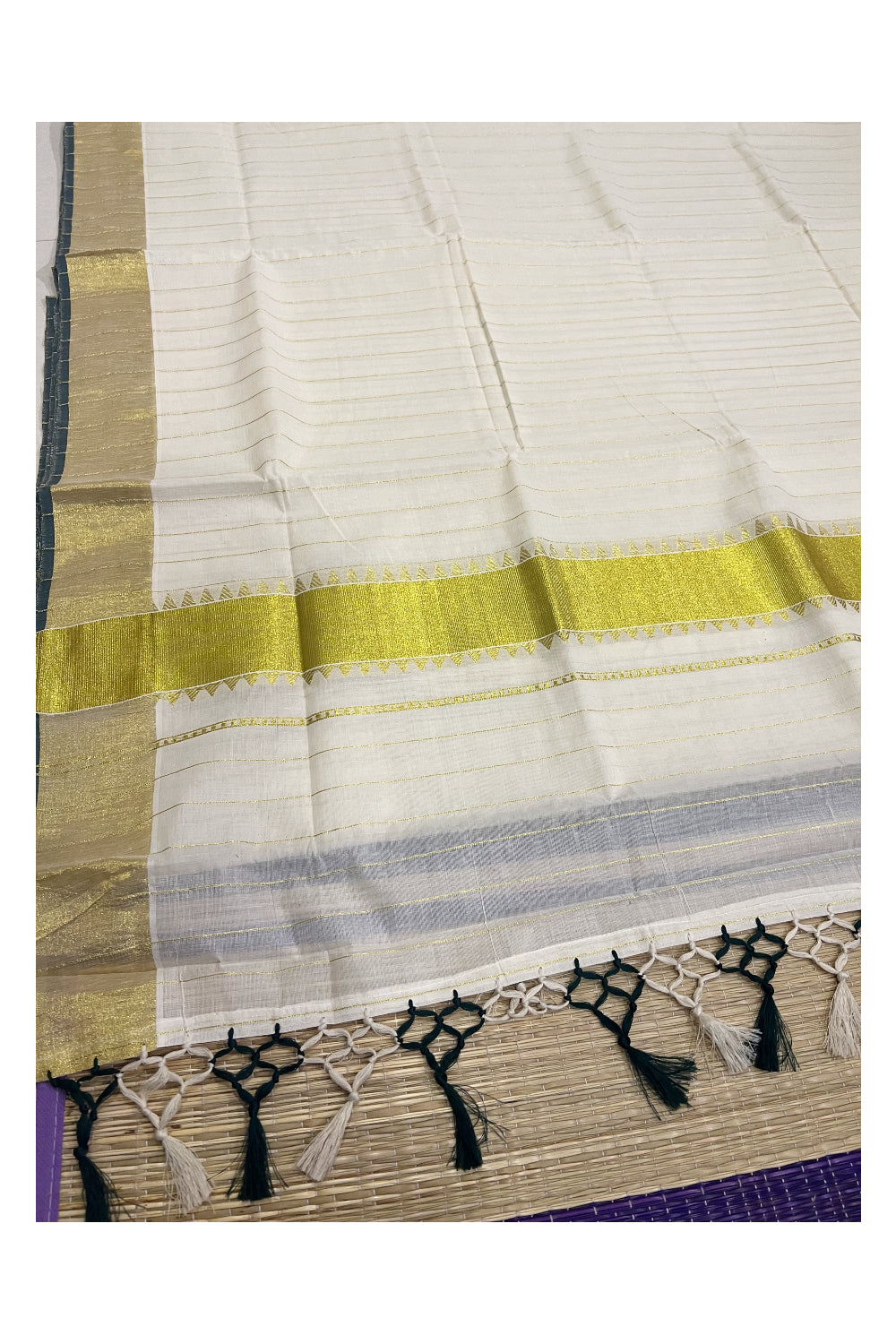 Kerala Cotton Stripes Design Saree with Kasavu Temple Pallu and Dark Green Tassels work
