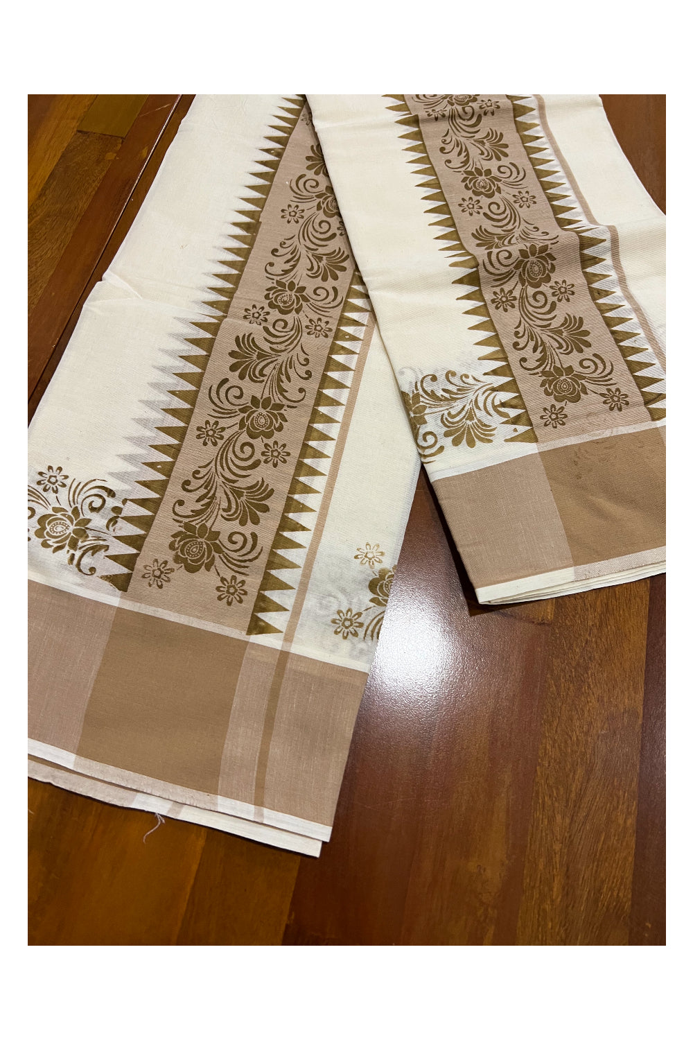 Kerala Cotton Set Mundu (Mundum Neriyathum) with Brown Floral Temple Block Prints on Border