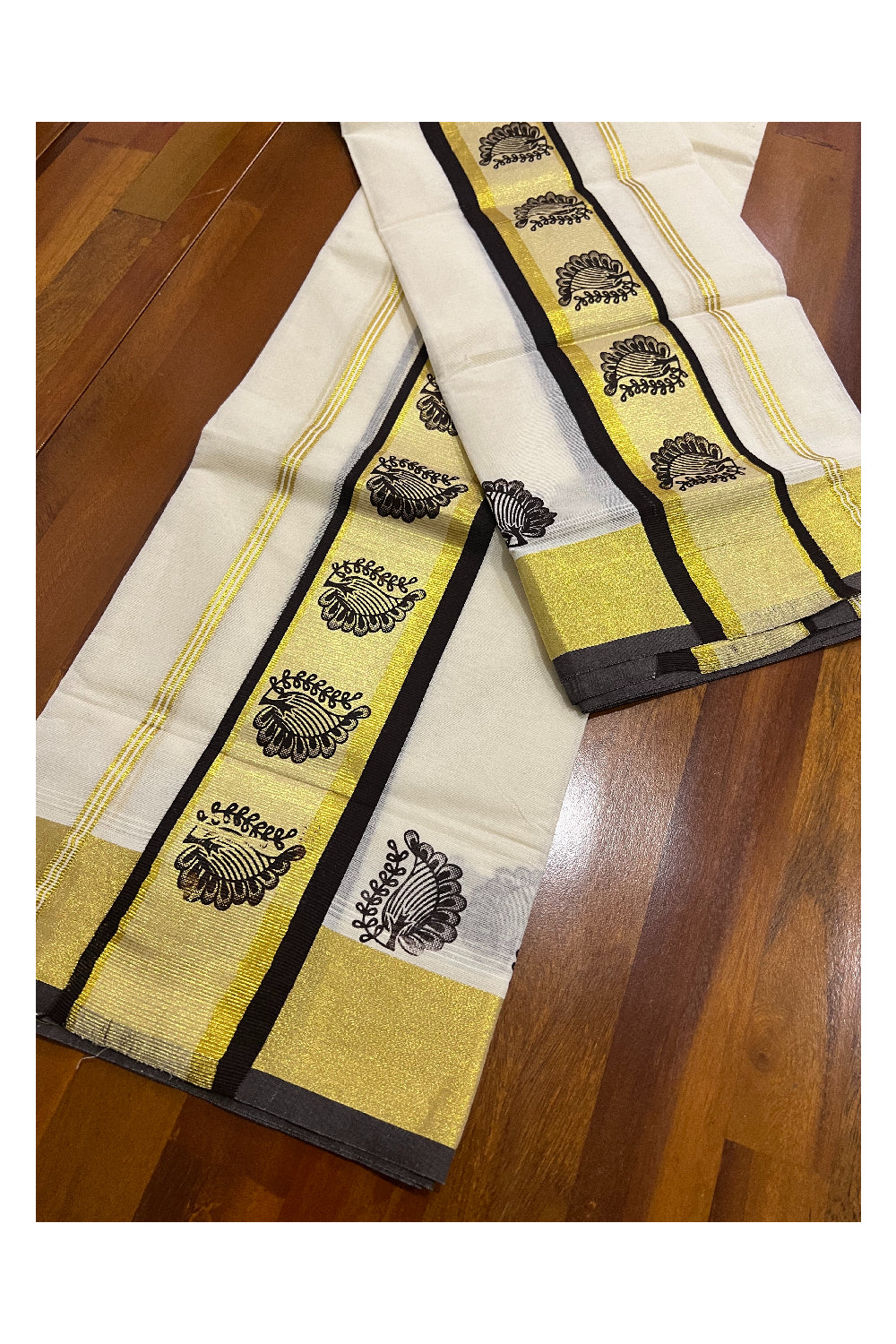 Kerala Cotton Set Mundu (Mundum Neriyathum) with Dark Brown Leaf Block Prints and Kasavu Border