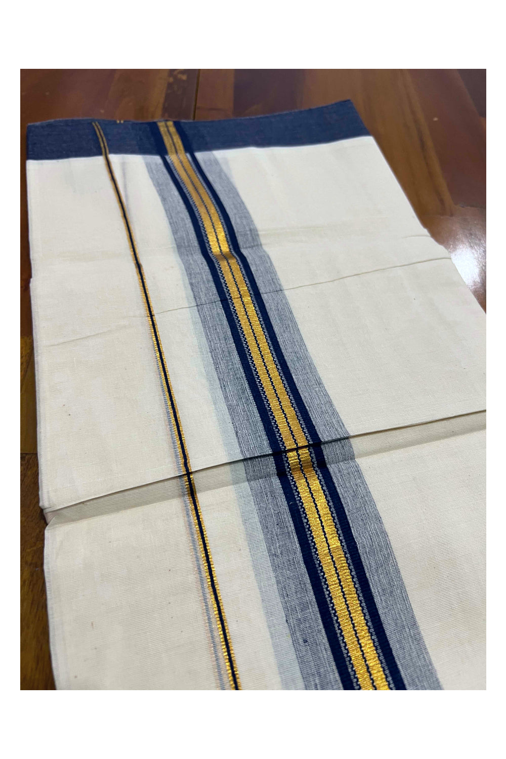 Off White Kerala Double Mundu with Kasavu and Navy Blue Border (South Indian Dhoti)