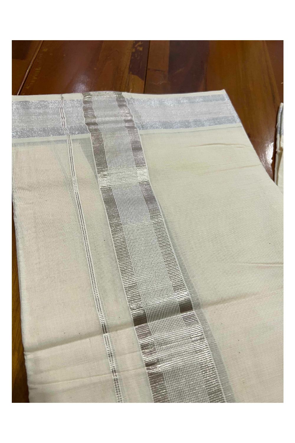 Off White Pure Cotton Double Mundu with Silver Kasavu Lines Border (South Indian Dhoti)