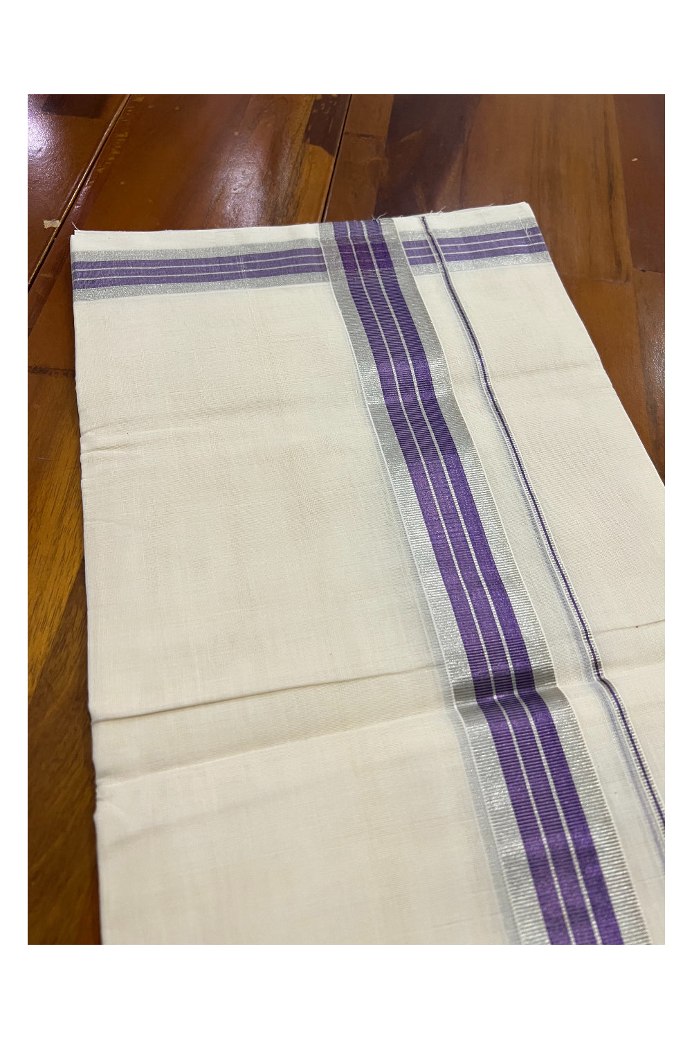 Southloom Balaramapuram Handloom Pure Cotton Mundu with Silver and Violet Kasavu Border (South Indian Dhoti)