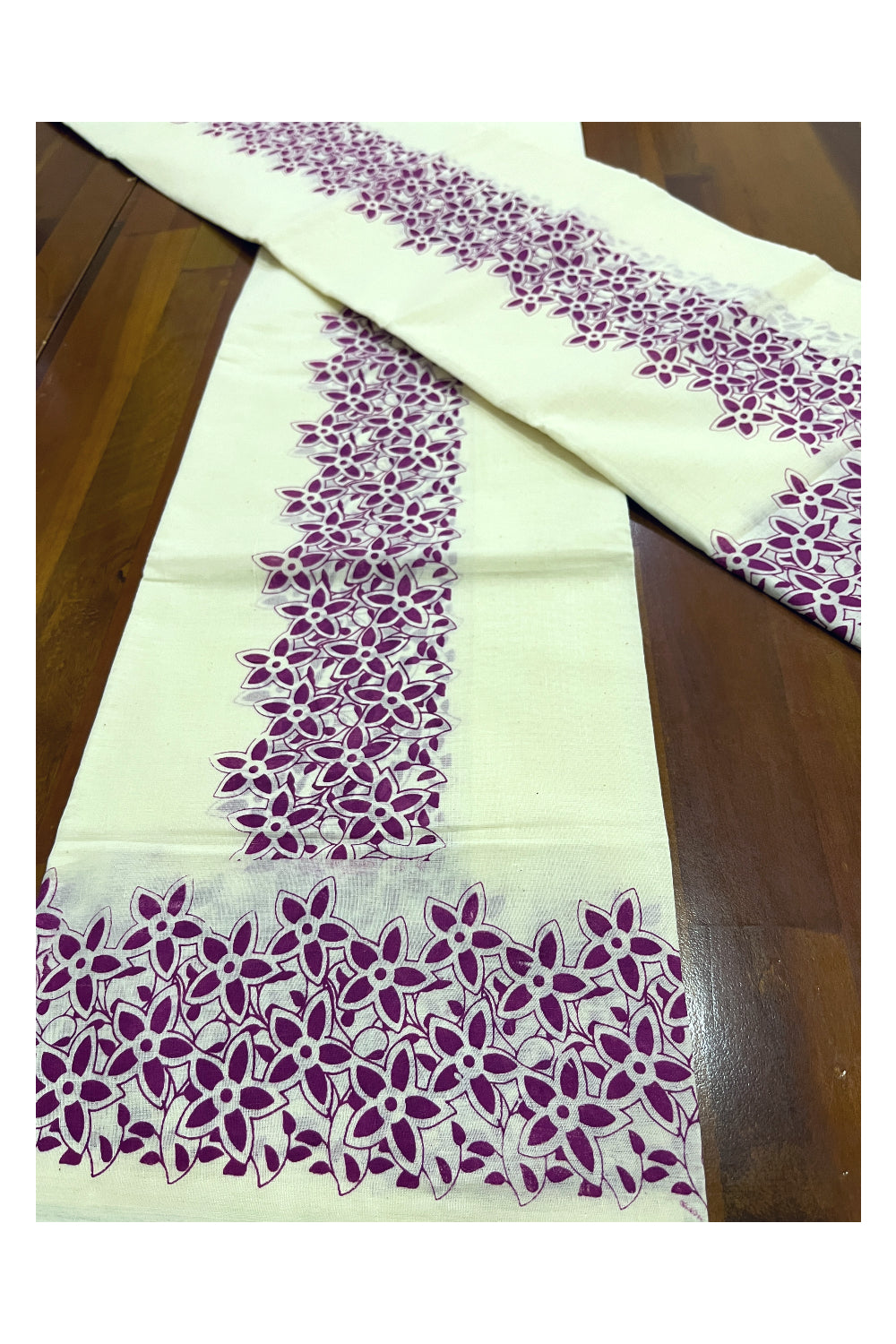 Kerala Cotton Set Mundu (Mundum Neriyathum) with Magenta Floral Block Printed Border