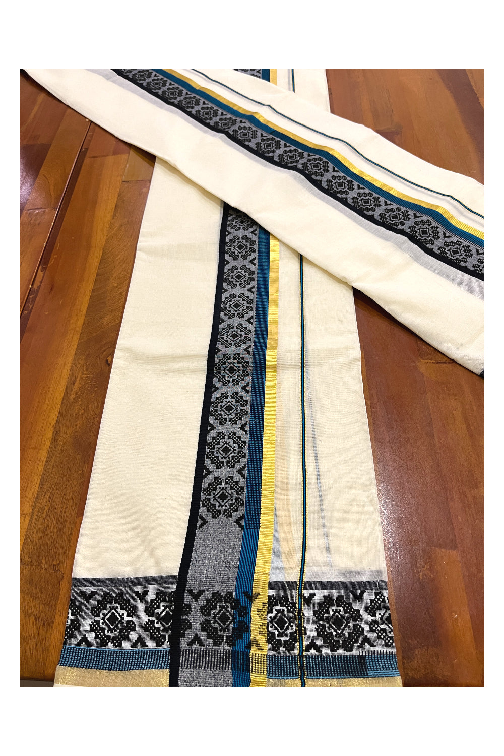 Kerala Cotton Single Kasavu Set Mundu (Mundum Neriyathum) with Black Block Prints on Blue Border