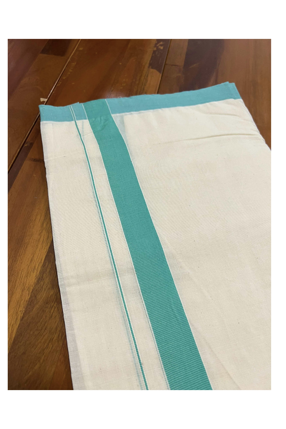 Off White Pure Cotton Double Mundu with Turquoise Kara (South Indian Dhoti)