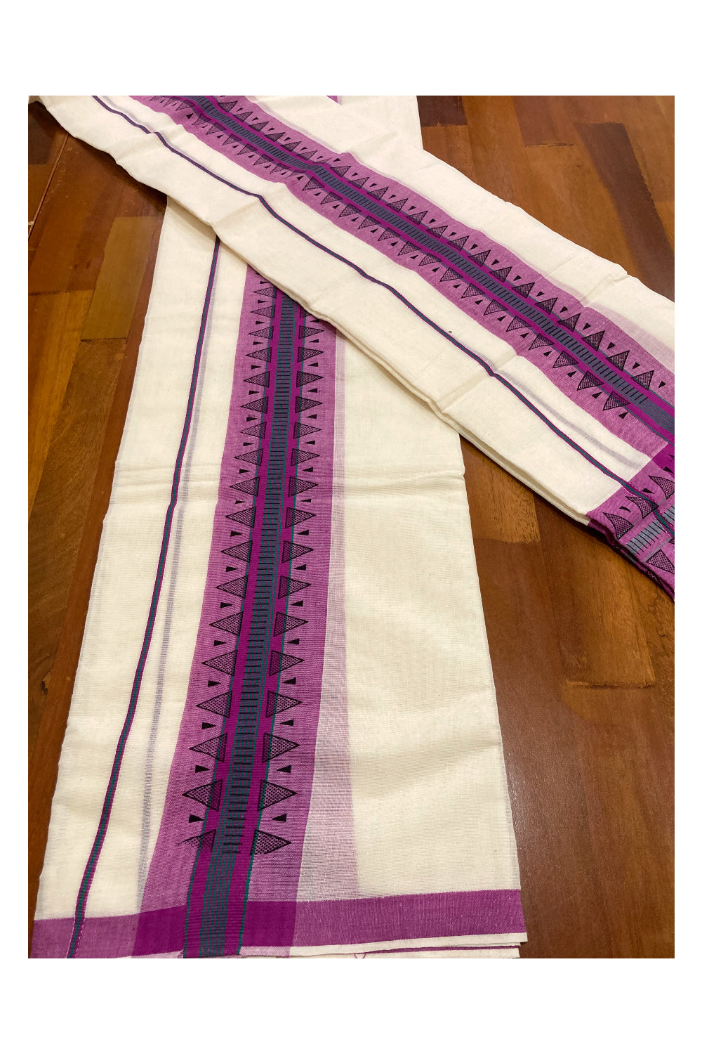 Kerala Cotton Set Mundu (Mundum Neriyathum) with Block Prints on Magenta Border