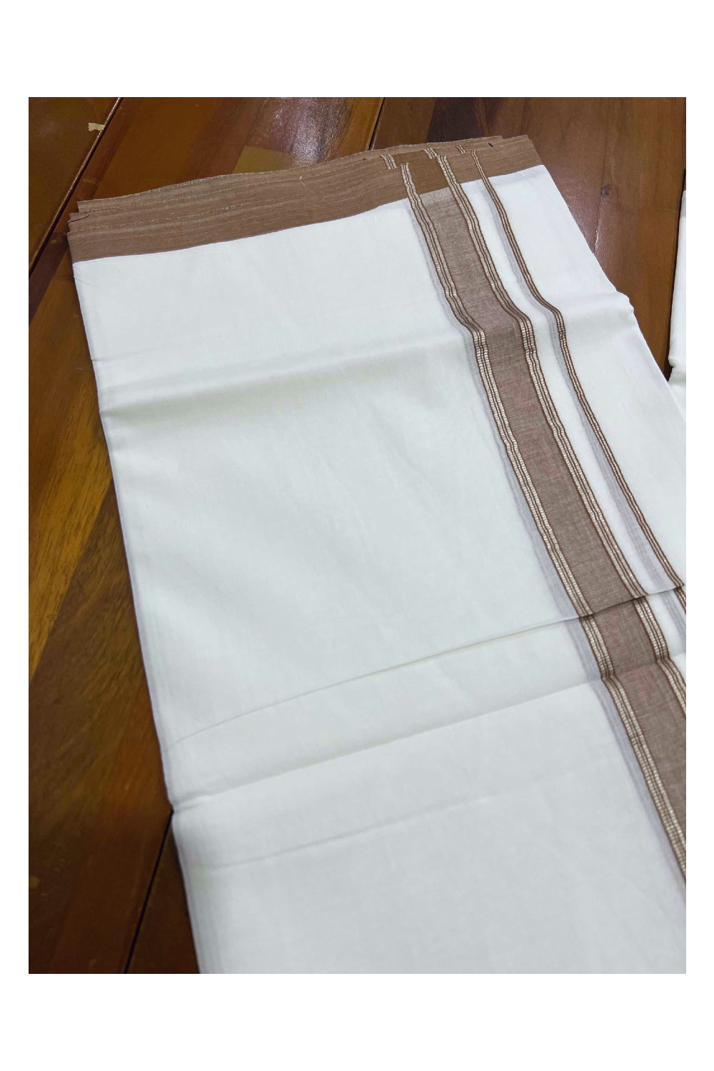 Pure White Cotton Mundu with Brown and Silver Kara (South Indian Dhoti)