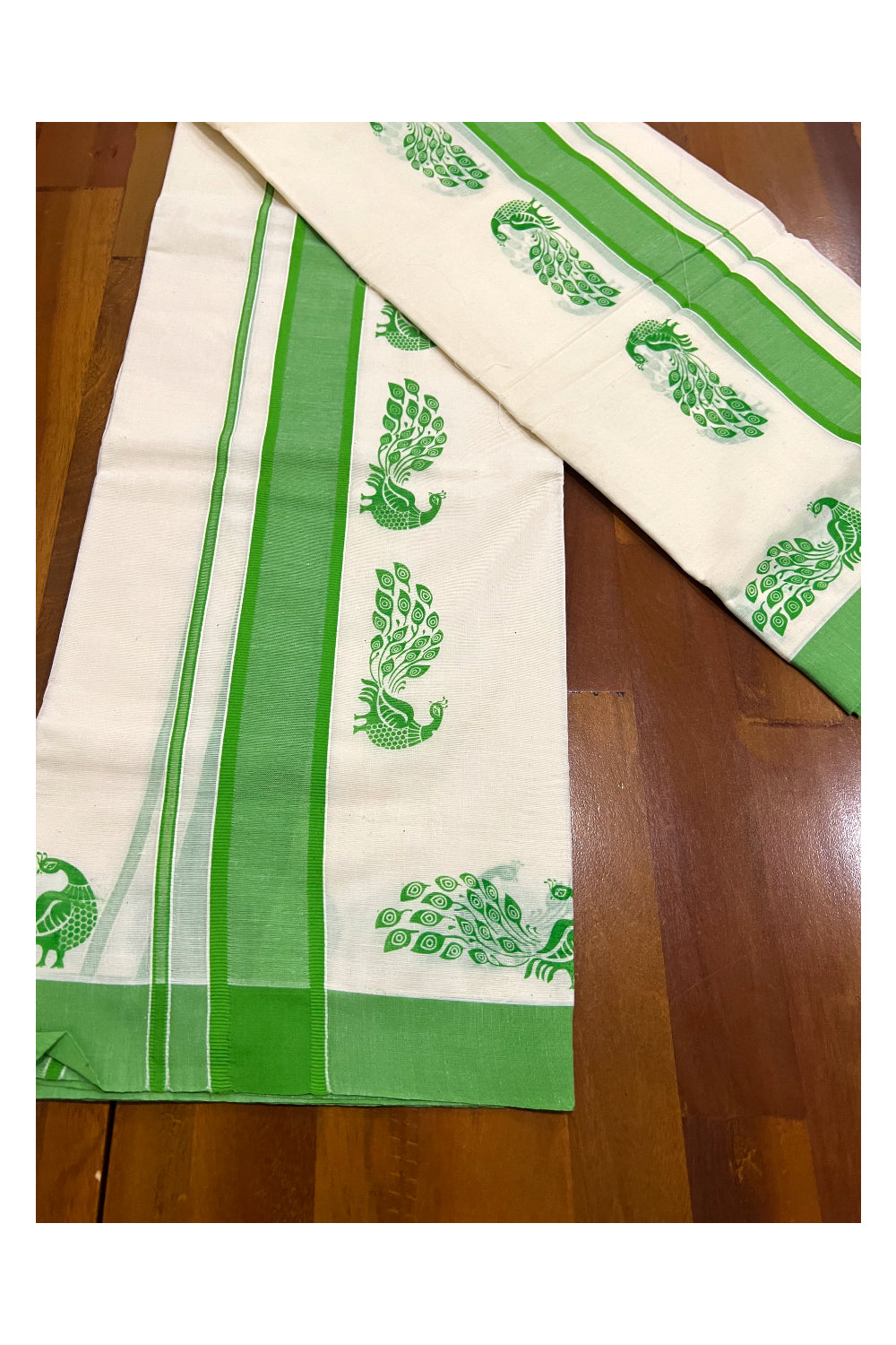 Pure Cotton Set Mundu (Mundum Neriyathum) with Light Green Peacock Block Prints on Border