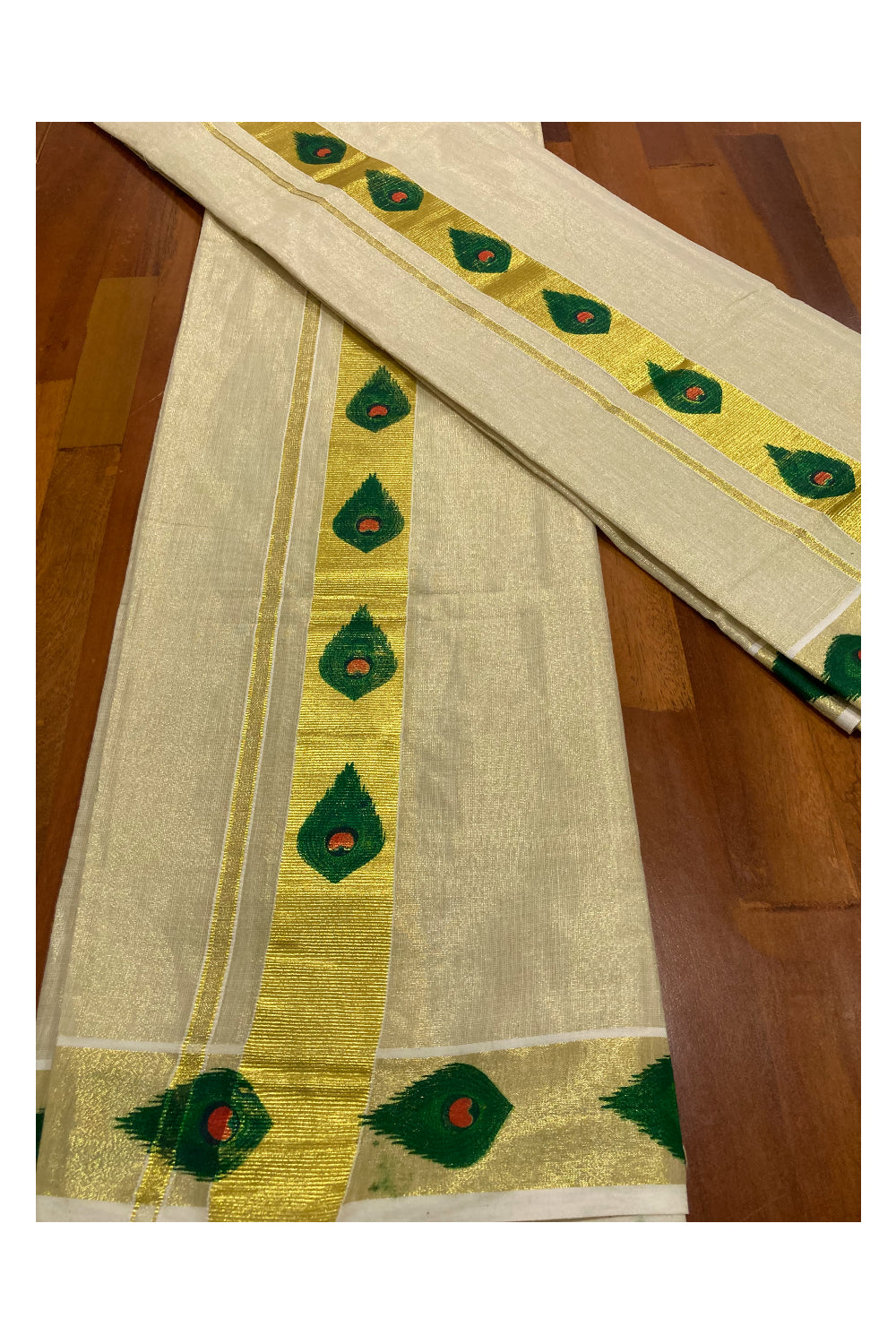 Kerala Tissue Kasavu Set Mundu (Mundum Neriyathum) with Feather Block Printed Design 2.80 Mtrs