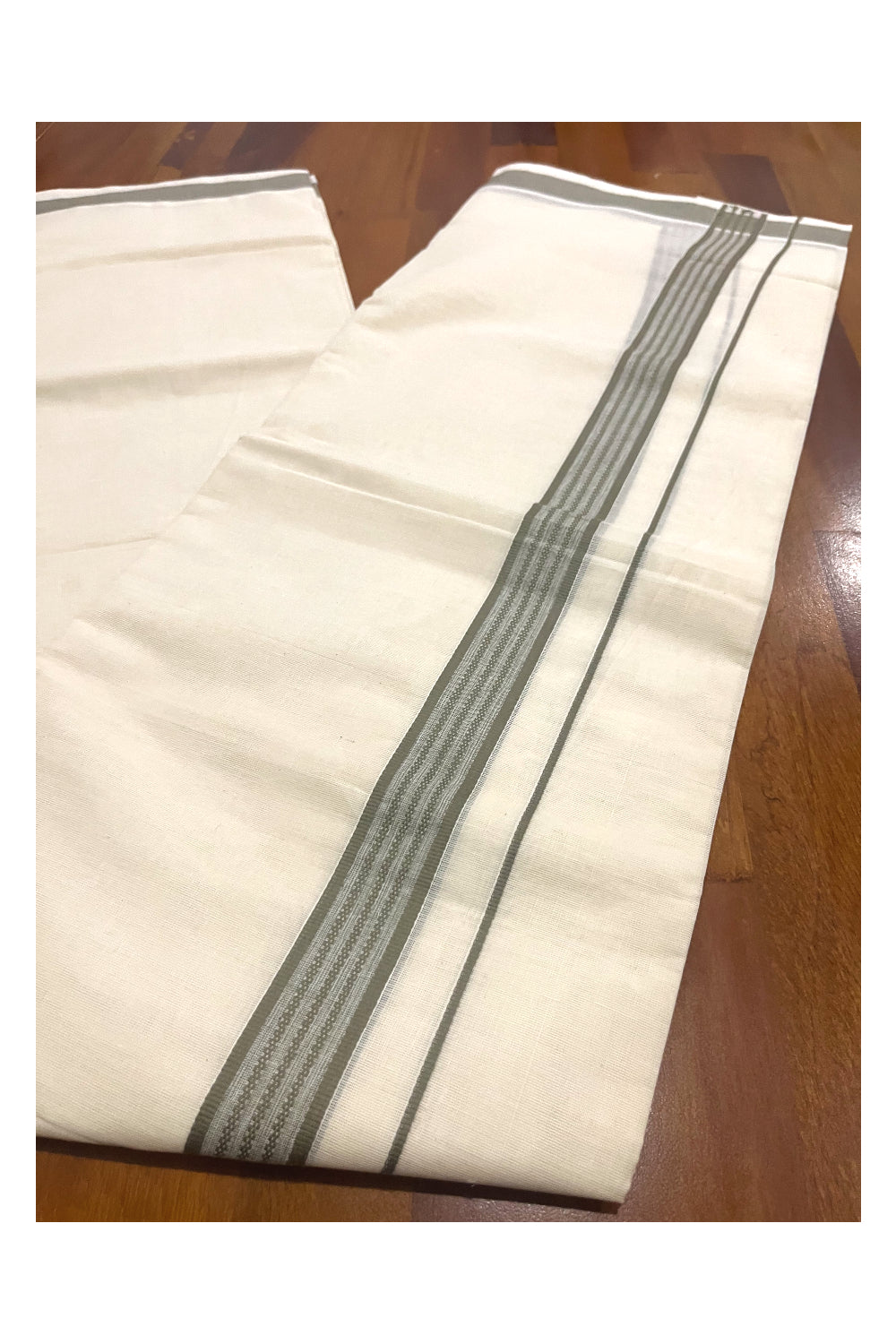 Pure Cotton Off White Double Mundu with Grey Border (South Indian Dhoti)