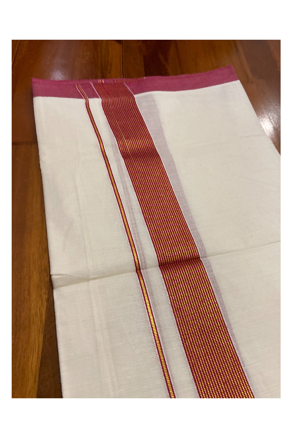 Off White Kerala Double Mundu with Kasavu and Dark Red Line Border (South Indian Dhoti)