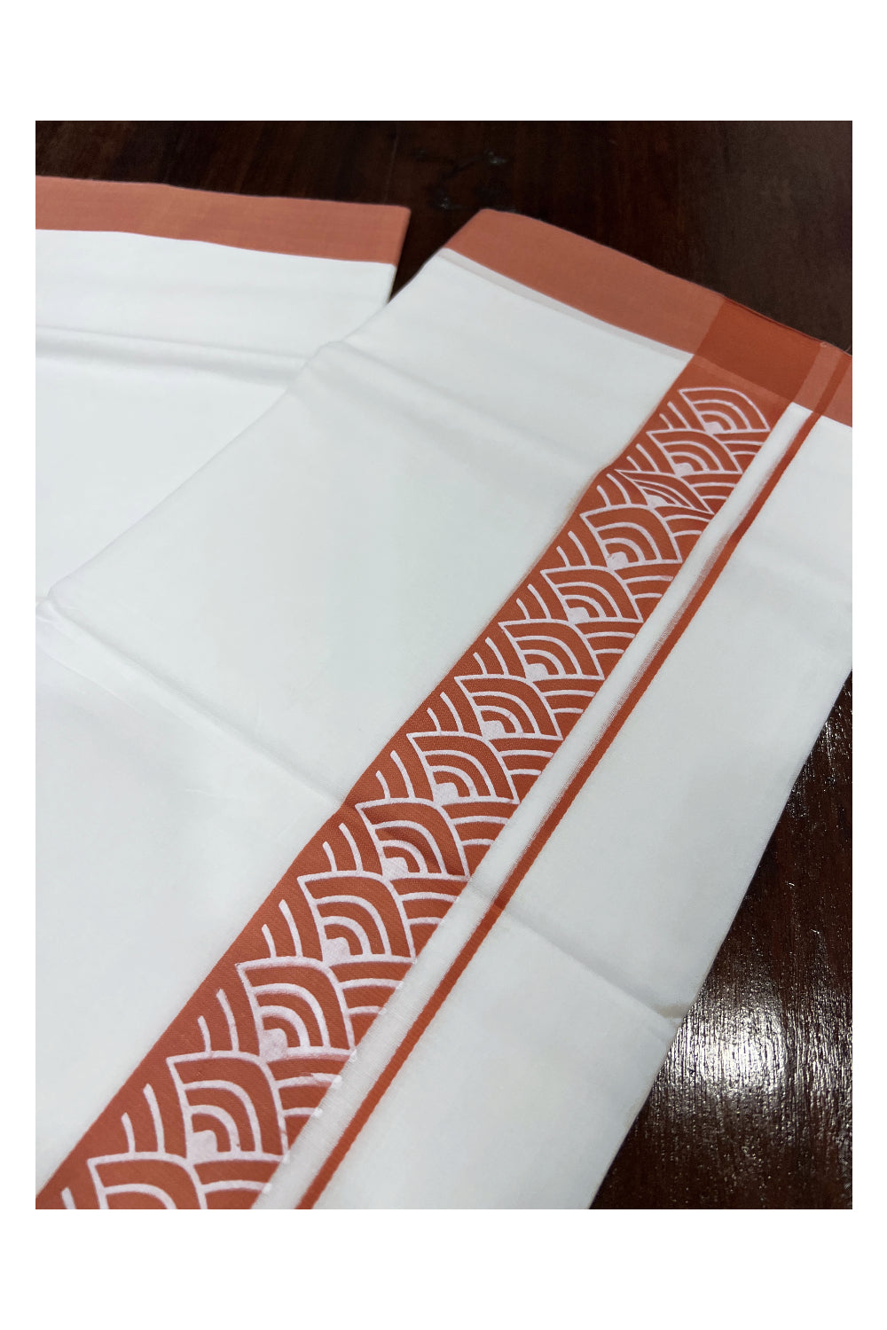 Pure White Cotton Double Mundu with Orange Block Printed Border (South Indian Kerala Dhoti)