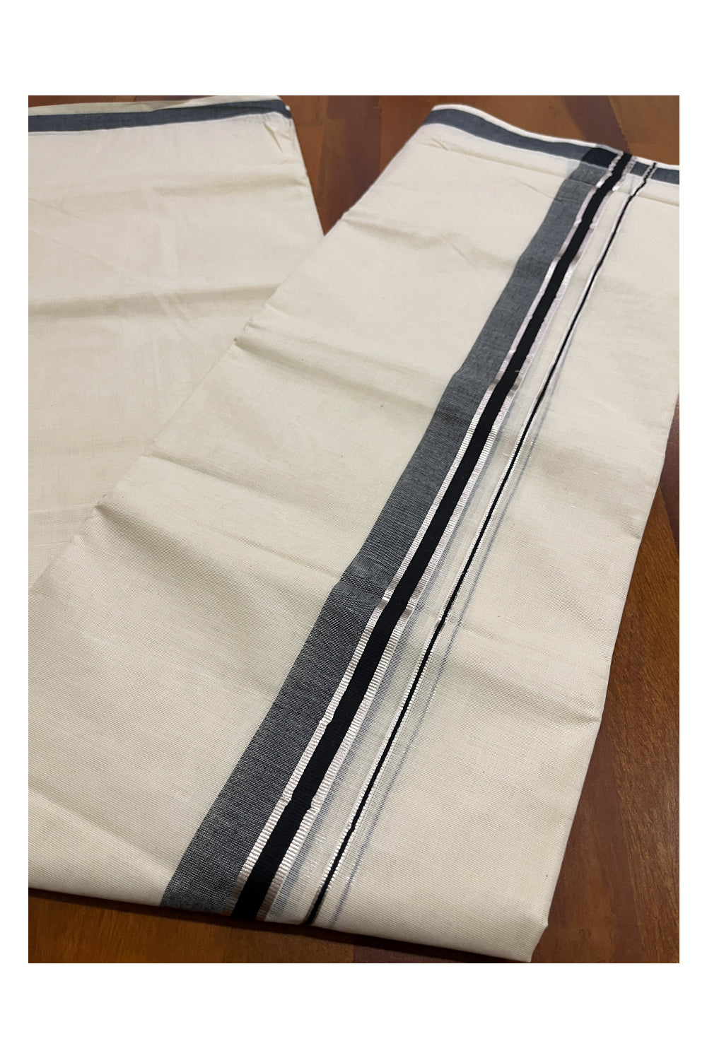 Pure Cotton Double Mundu with Black and Silver Kasavu Kara (South Indian Dhoti)