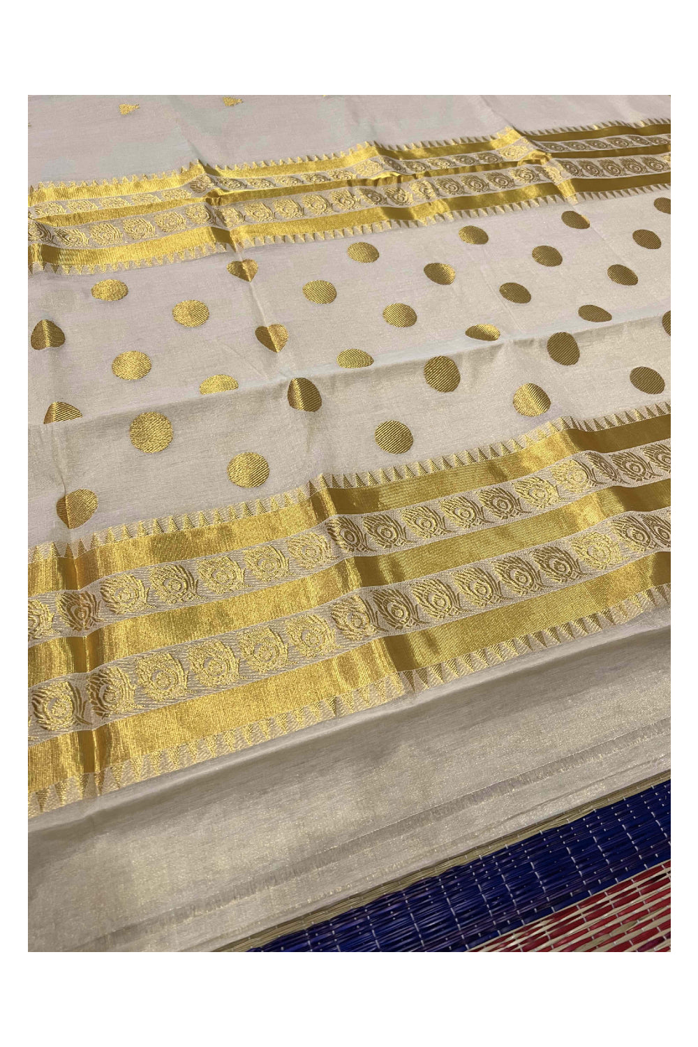 Southloom™ Original Handloom Kasavu Tissue Heavy Work Saree with Handwoven Polka Design