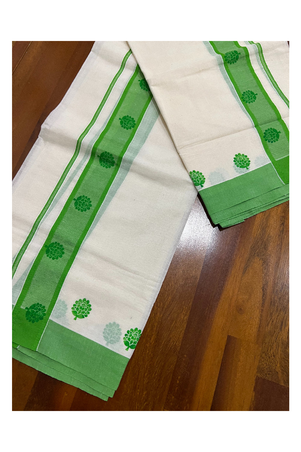 Pure Cotton Set Mundu (Mundum Neriyathum) with Light Green Floral Block Prints on Border