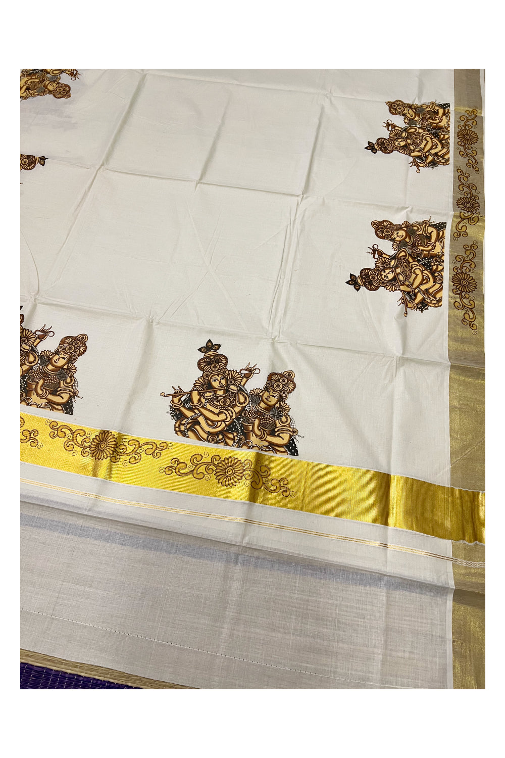 Pure Cotton Kerala Kasavu Saree with Mural Printed Brown Krishna Radha Design