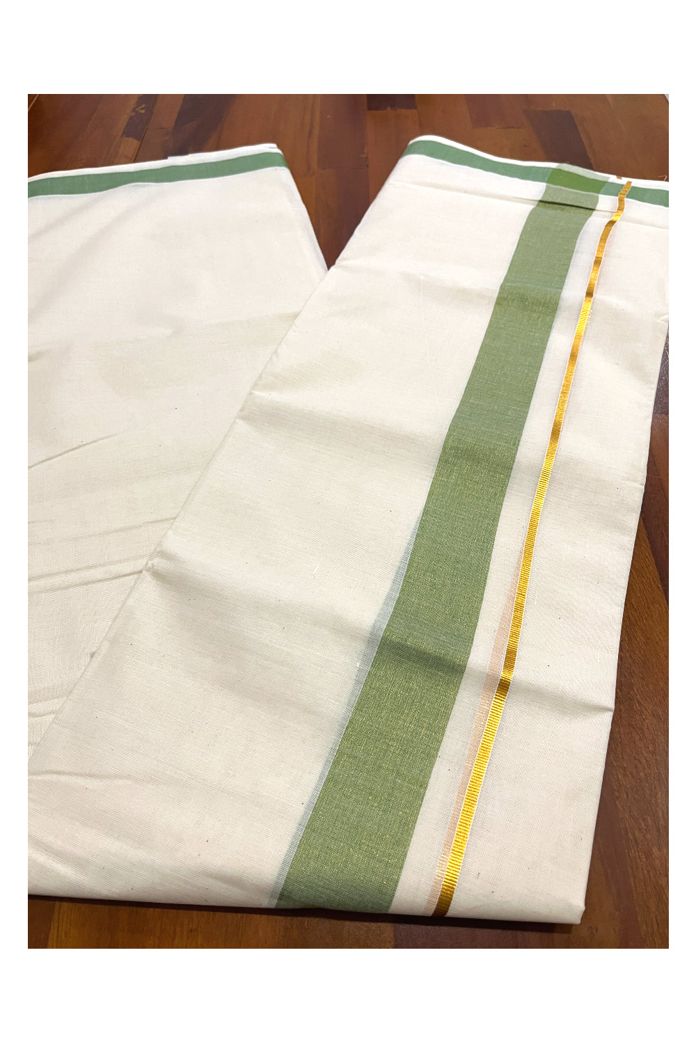 Pure Cotton Double Mundu with Kasavu Green Kara (South Indian Dhoti)