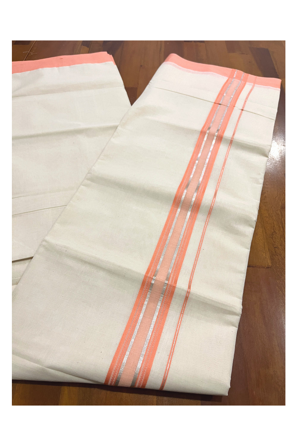 Pure Cotton Off White Double Mundu with Peach and Silver Kara (South Indian Kerala Dhoti)