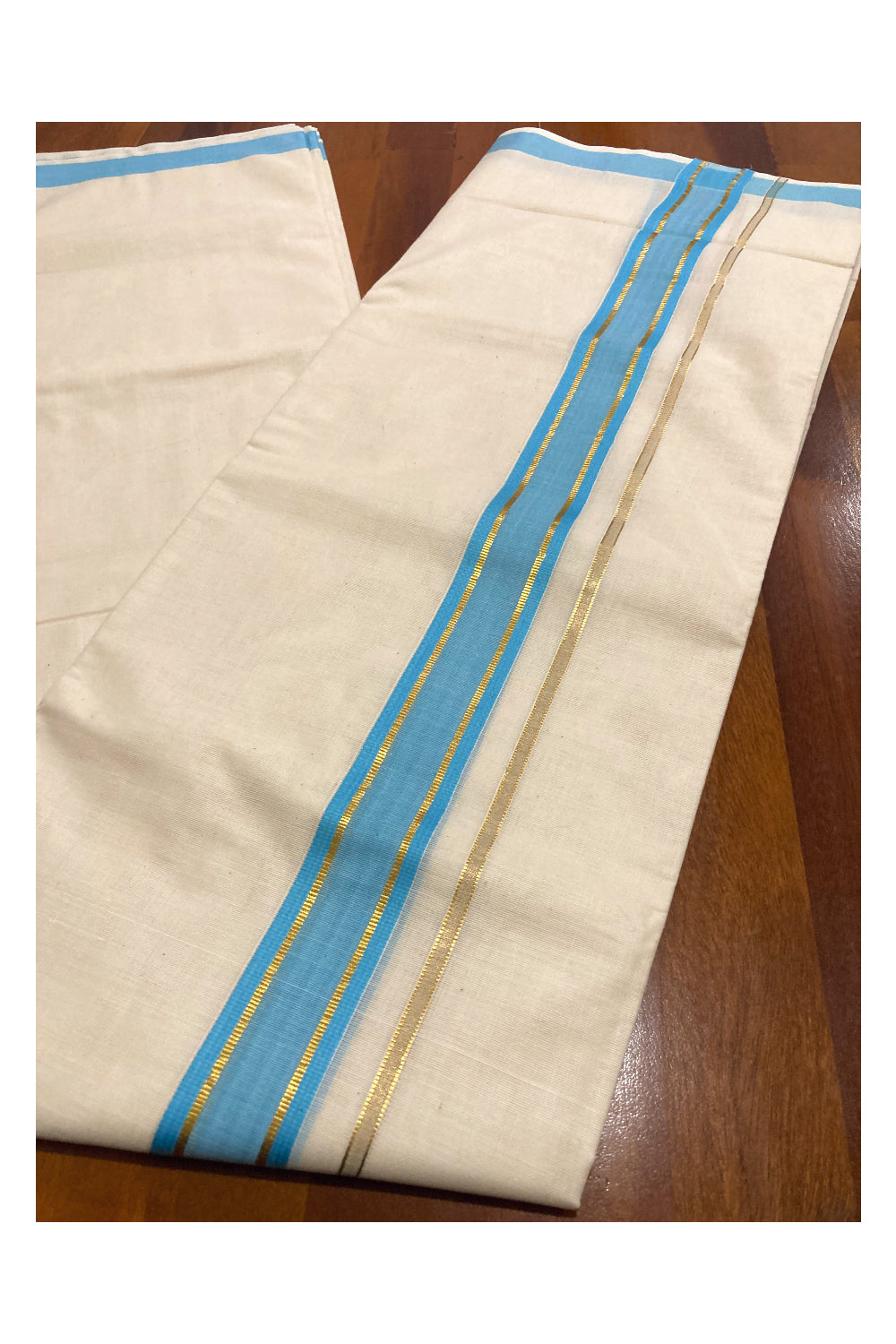 Off White Pure Cotton Double Mundu with Kasavu and Blue Border (South Indian Dhoti)