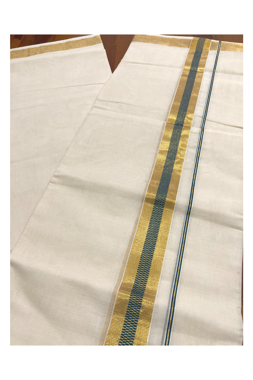 Southloom Premium Handloom Pure Cotton Mundu with Kasavu and Blue Border (South Indian Dhoti)