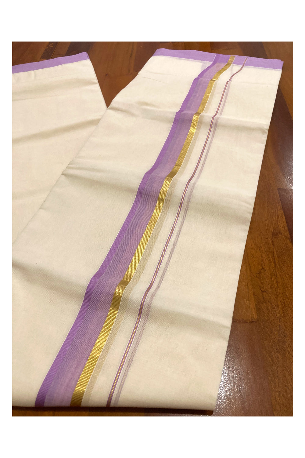 Pure Cotton Off White Double Mundu with Violet and Kasavu Border (South Indian Dhoti)