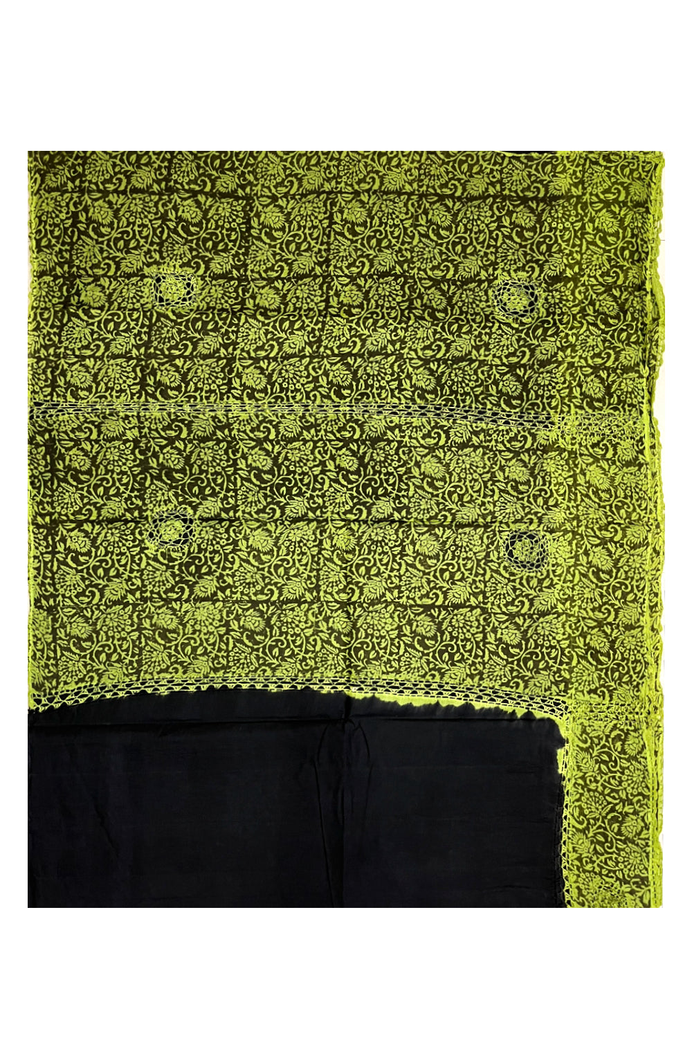 Southloom Pure Cotton Black Saree with Designer Green Crochet works on Border