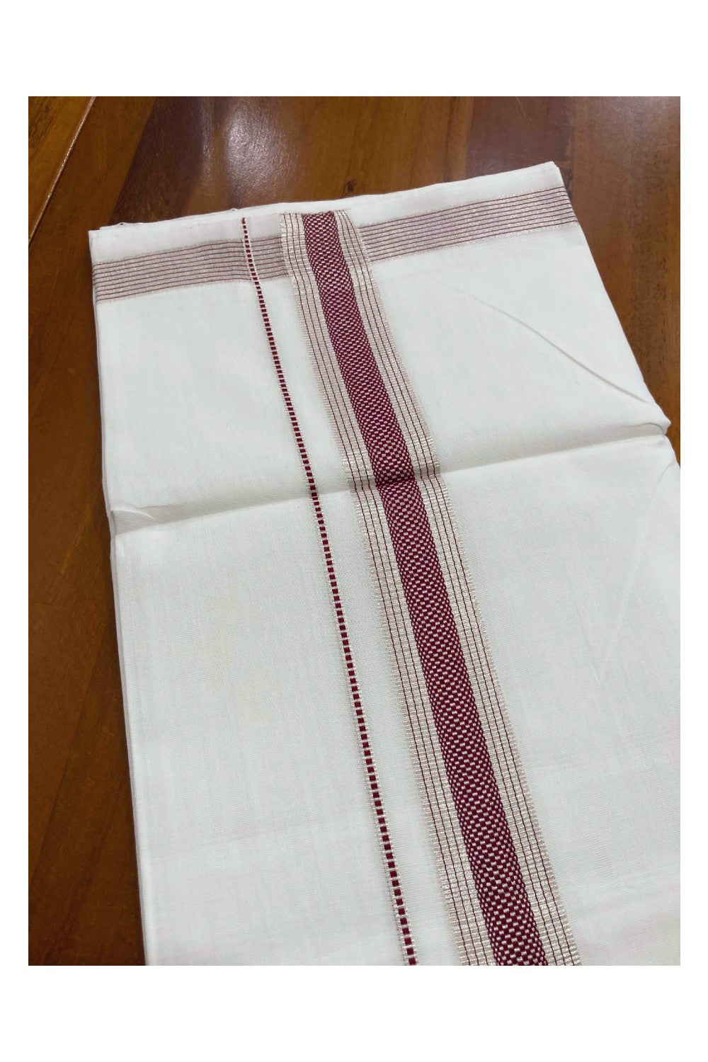 Southloom Premium Handloom Double Mundu with Silver Kasavu and Maroon Kara