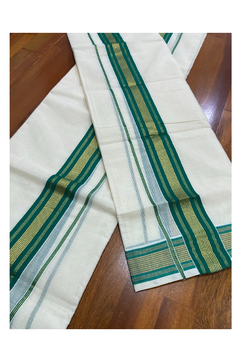 Kerala Cotton Mundum Neriyathum Double (Set Mundu) with Green and Kasavu Border