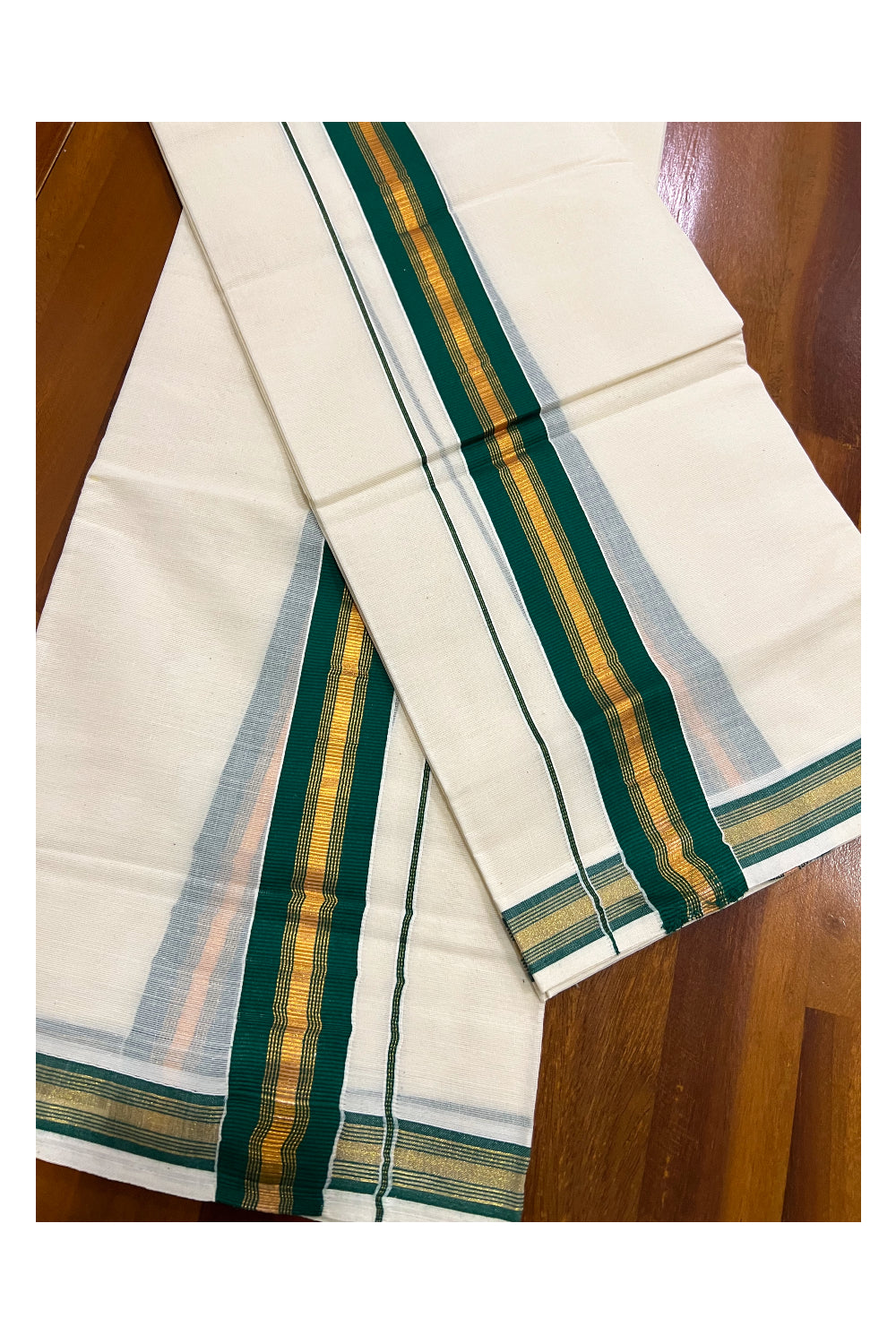 Pure Cotton Kerala Single Set Mundu (Mundum Neriyathum) with Green and Kasavu Border