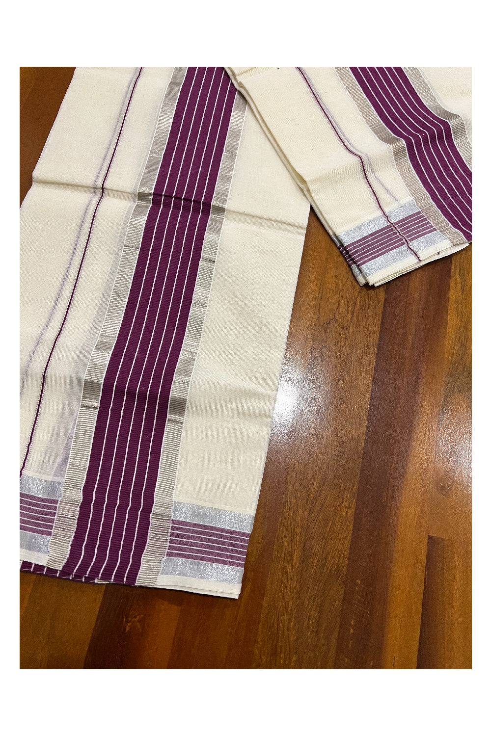 Kerala Cotton Mundum Neriyathum Single (Set Mundu) with Purple and Silver Kasavu Border