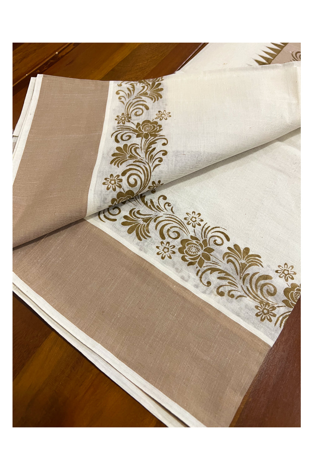 Kerala Cotton Set Mundu (Mundum Neriyathum) with Brown Floral Temple Block Prints on Border