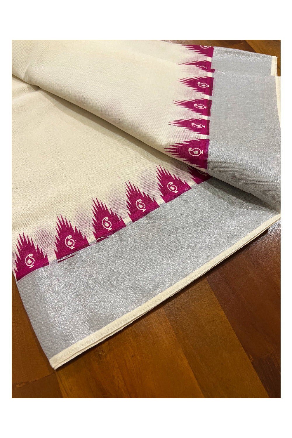 Kerala Cotton Mundum Neriyathum Single (Set Mundu) with Magenta Teal Temple Block Prints and Silver Kasavu Border 2.80 Mtrs