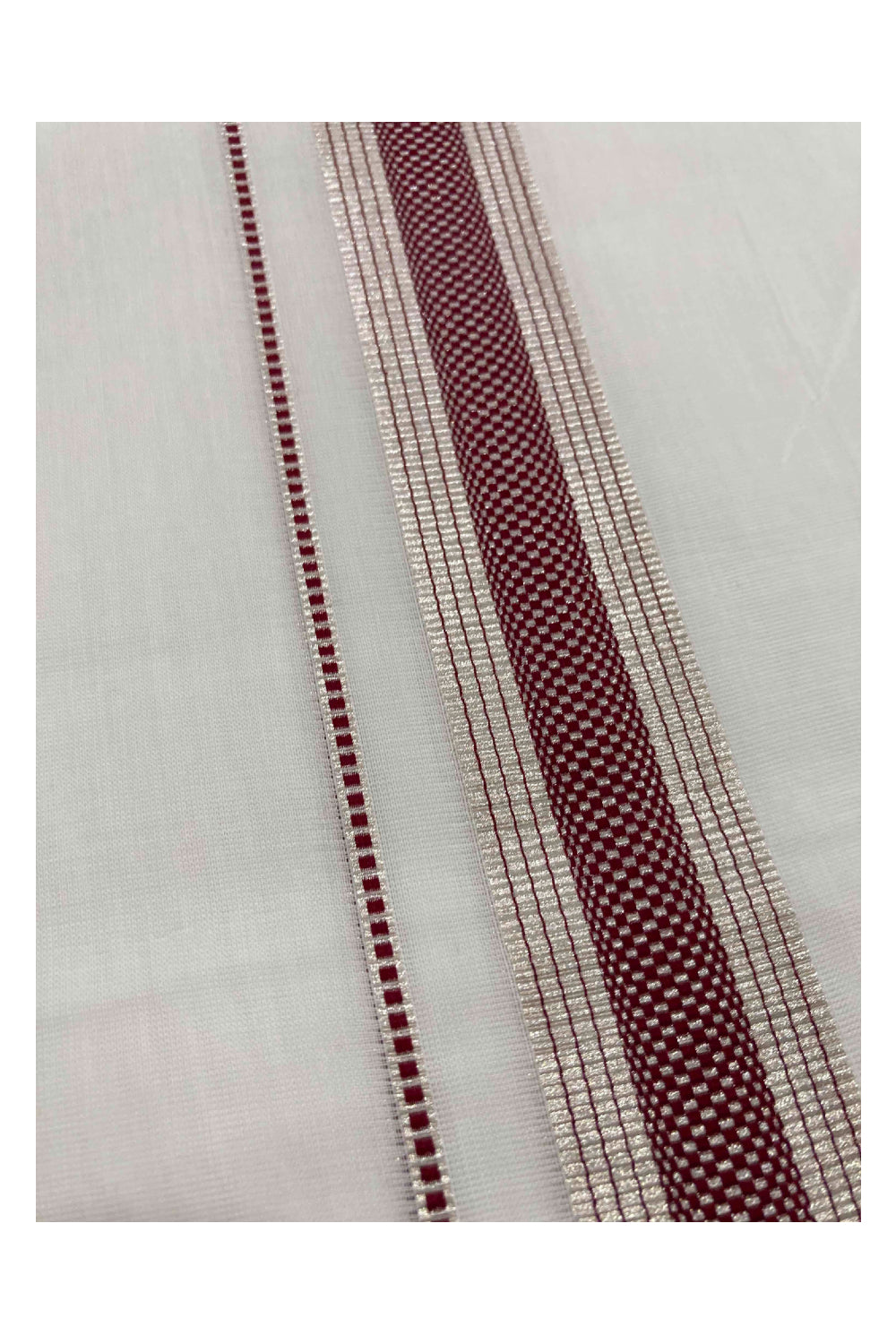 Southloom Premium Handloom Double Mundu with Silver Kasavu and Maroon Kara