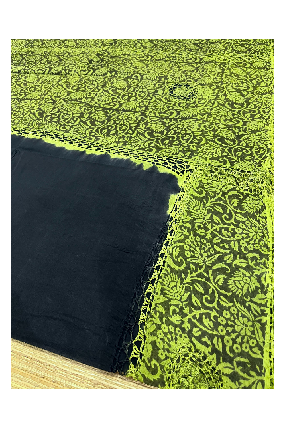 Southloom Pure Cotton Black Saree with Designer Green Crochet works on Border