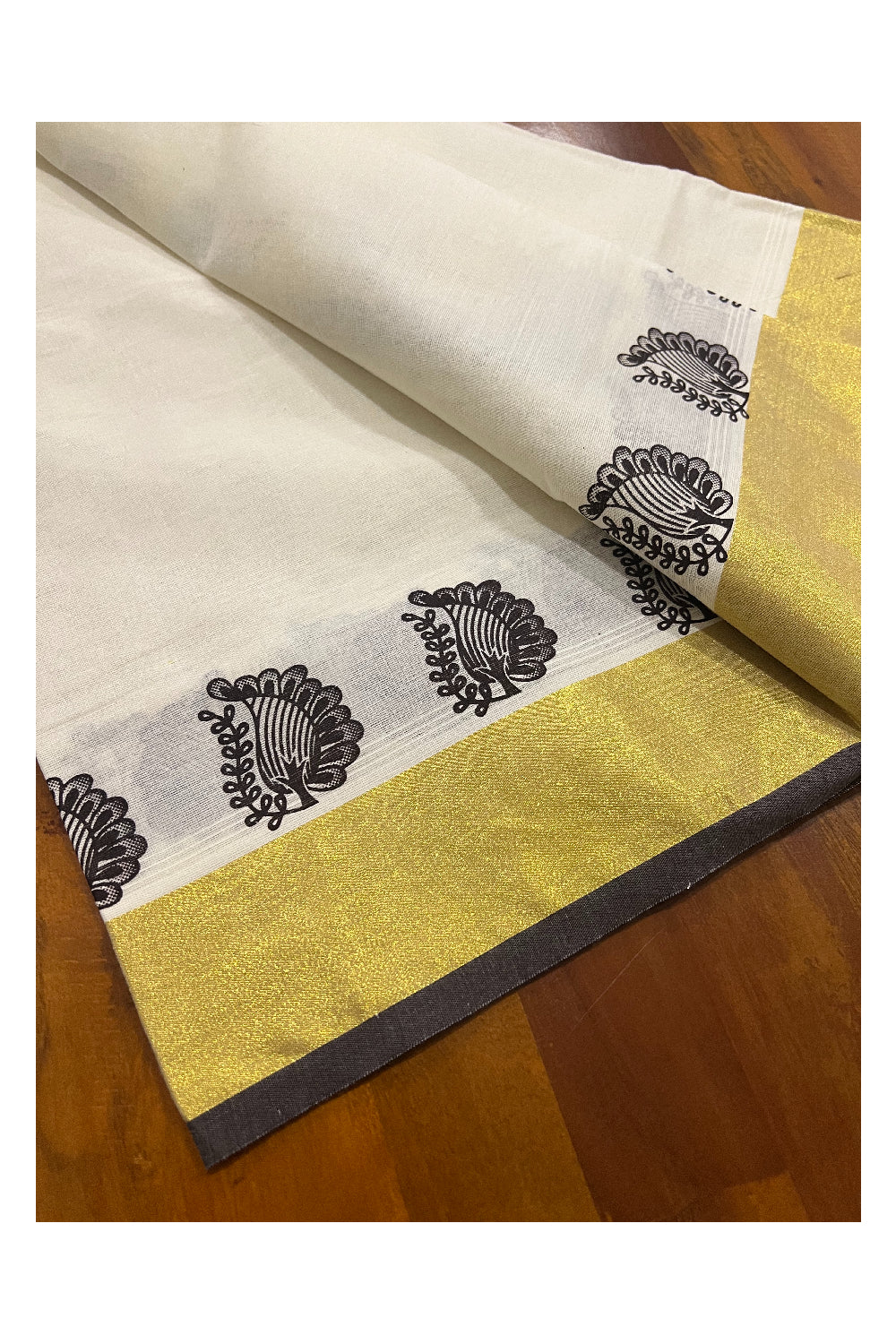 Kerala Cotton Set Mundu (Mundum Neriyathum) with Dark Brown Leaf Block Prints and Kasavu Border