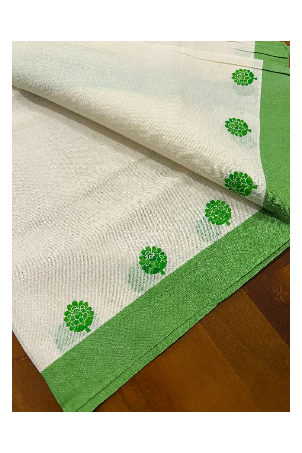 Pure Cotton Set Mundu (Mundum Neriyathum) with Light Green Floral Block Prints on Border