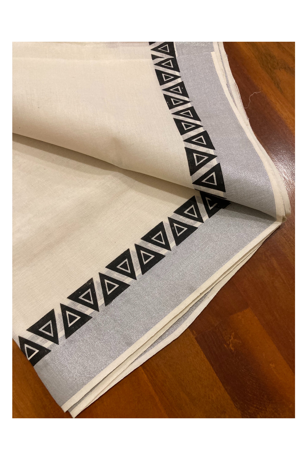 Kerala Cotton Silver Kasavu Set Mundu (Mundum Neriyathum) with Black Block Prints on Border