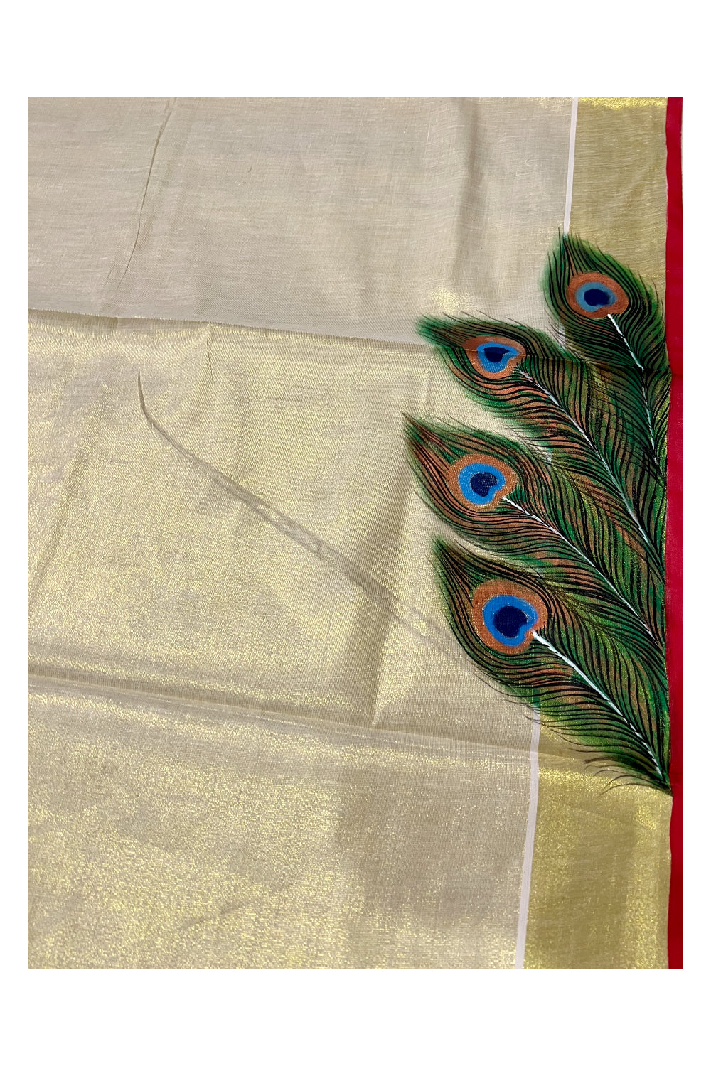 Kerala Tissue Kasavu Saree with Hand Painted Feather Design and Red Line on Border