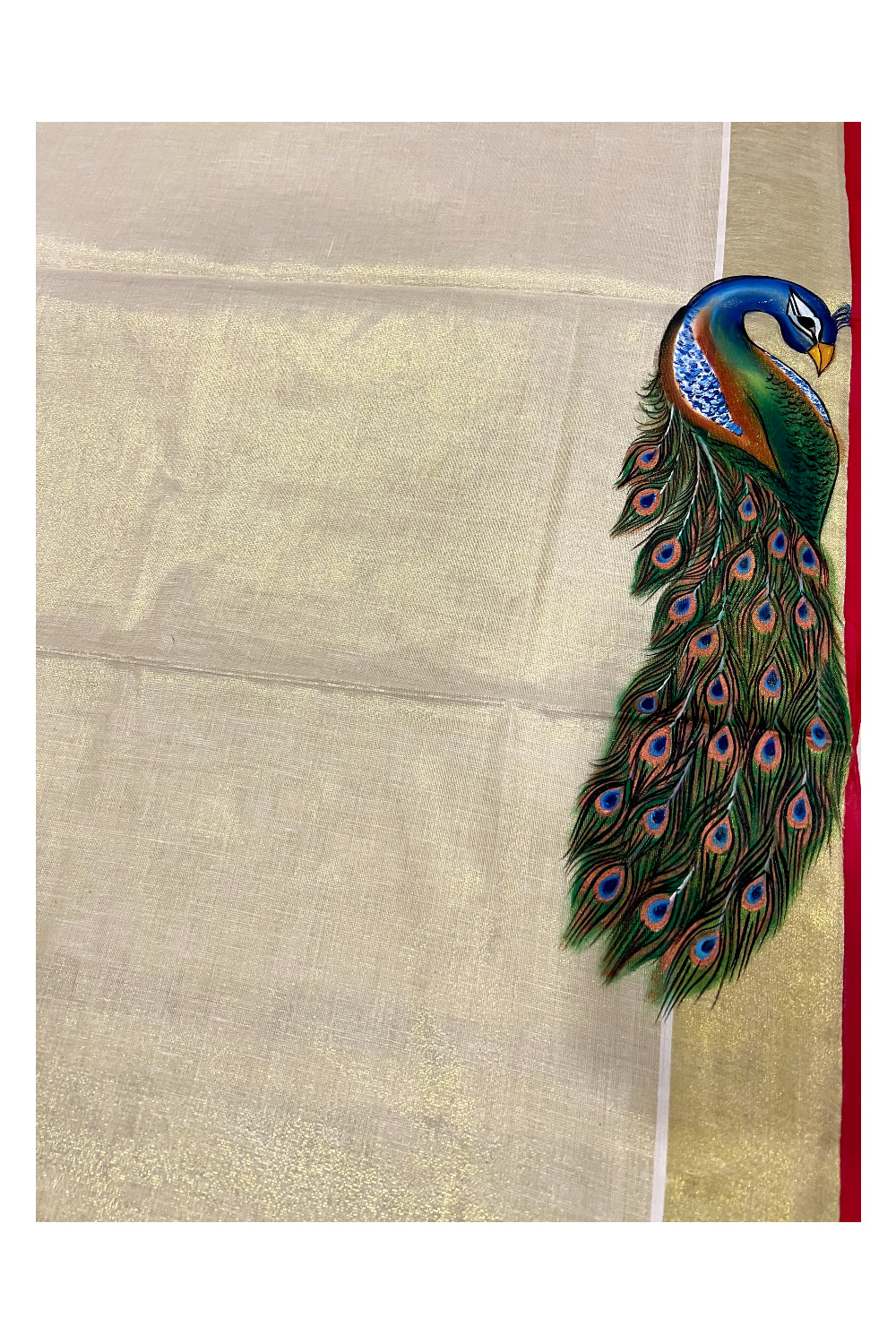 Kerala Tissue Kasavu Saree with Hand Painted Feather Design and Red Line on Border