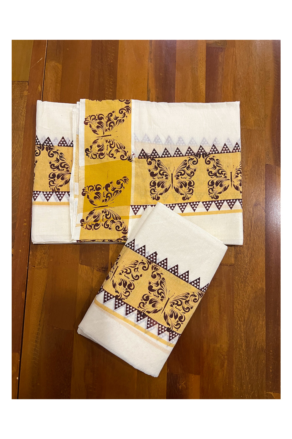 Kerala Cotton Set Mundu (Mundum Neriyathum) with Brown Butterfly Temple Block Prints on Yellow Border