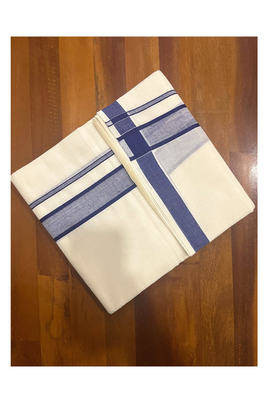 Pure Cotton Off White Double Mundu with Blue Border (South Indian Dhoti)