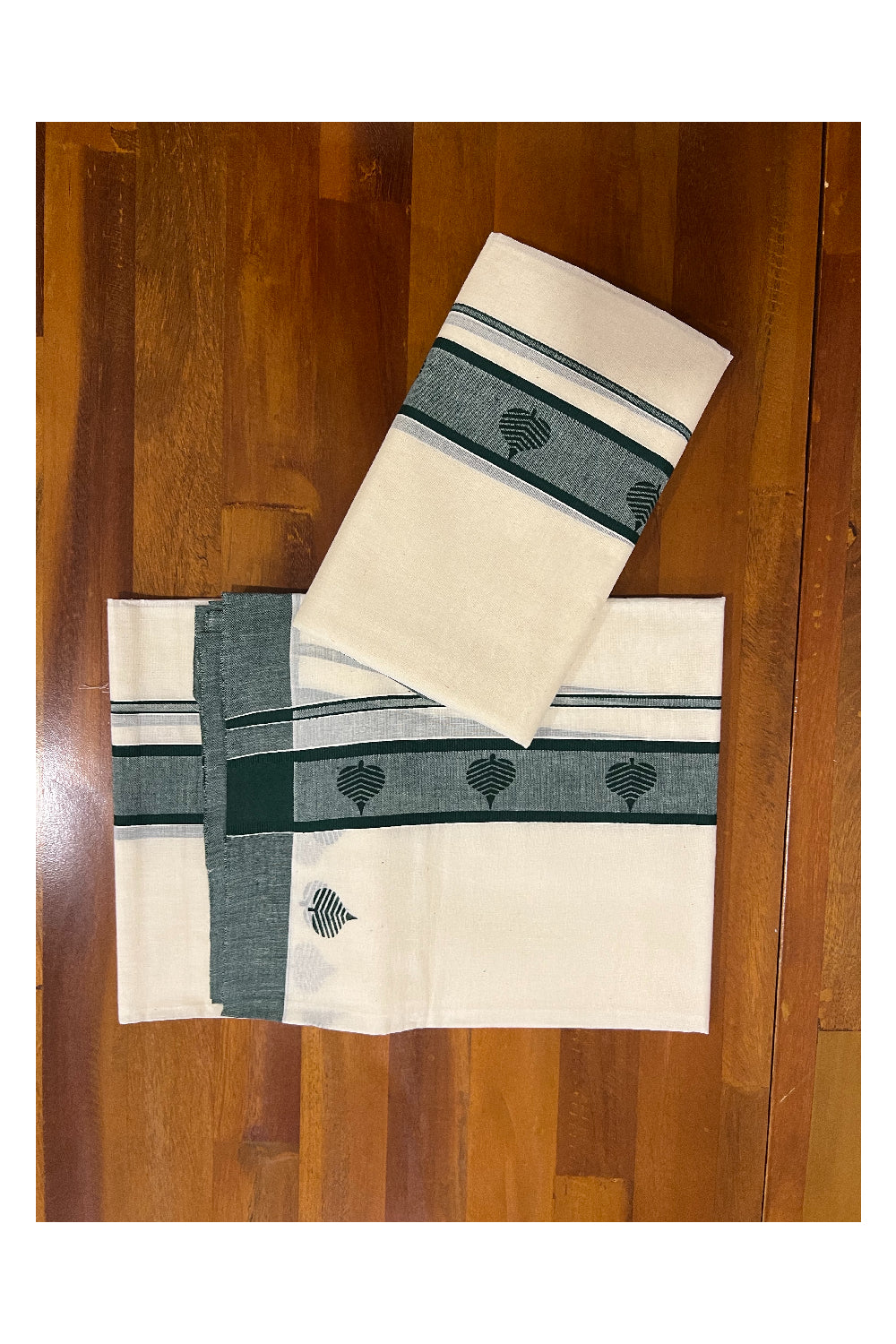 Pure Cotton Set Mundu (Mundum Neriyathum) with Dark Green Leaf Block Prints on Border