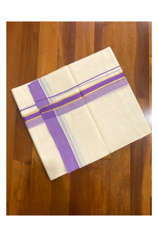 Pure Cotton Off White Double Mundu with Violet and Kasavu Border (South Indian Dhoti)