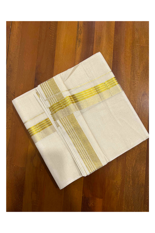 Off White Pure Cotton Double Mundu with Kasavu Lines Border (South Indian Dhoti)