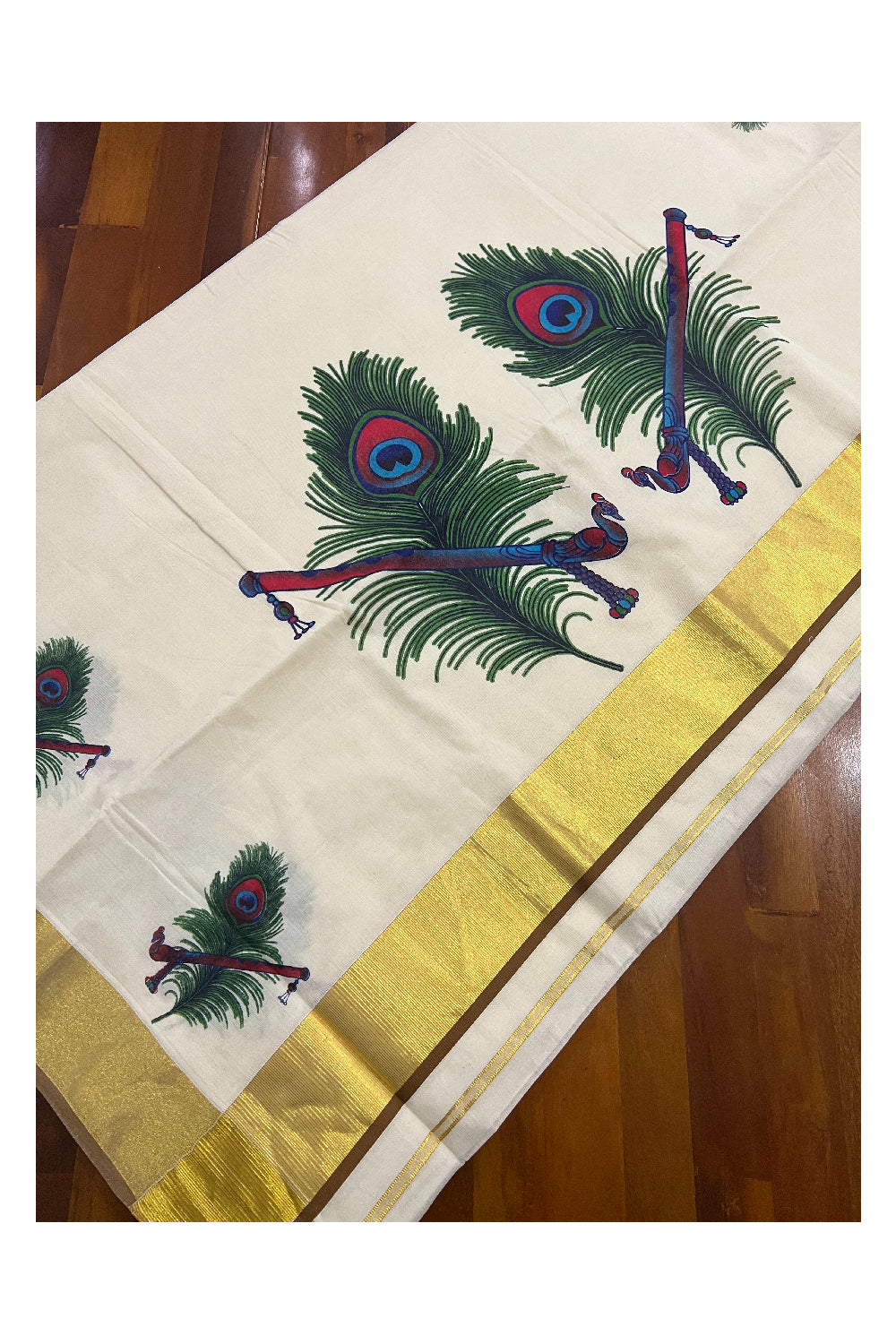 Kerala Pure Cotton Kasavu Saree with Mural Flute and Feather Printed and Light Brown Border