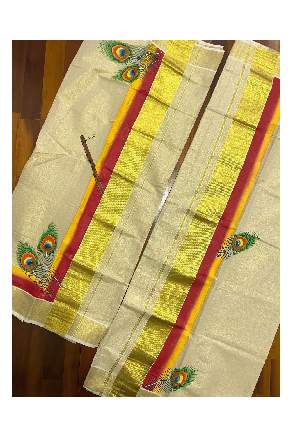 Kerala Tissue Kasavu Set Mundu (Mundum Neriyathum) with Red Hand Painted Works on Border