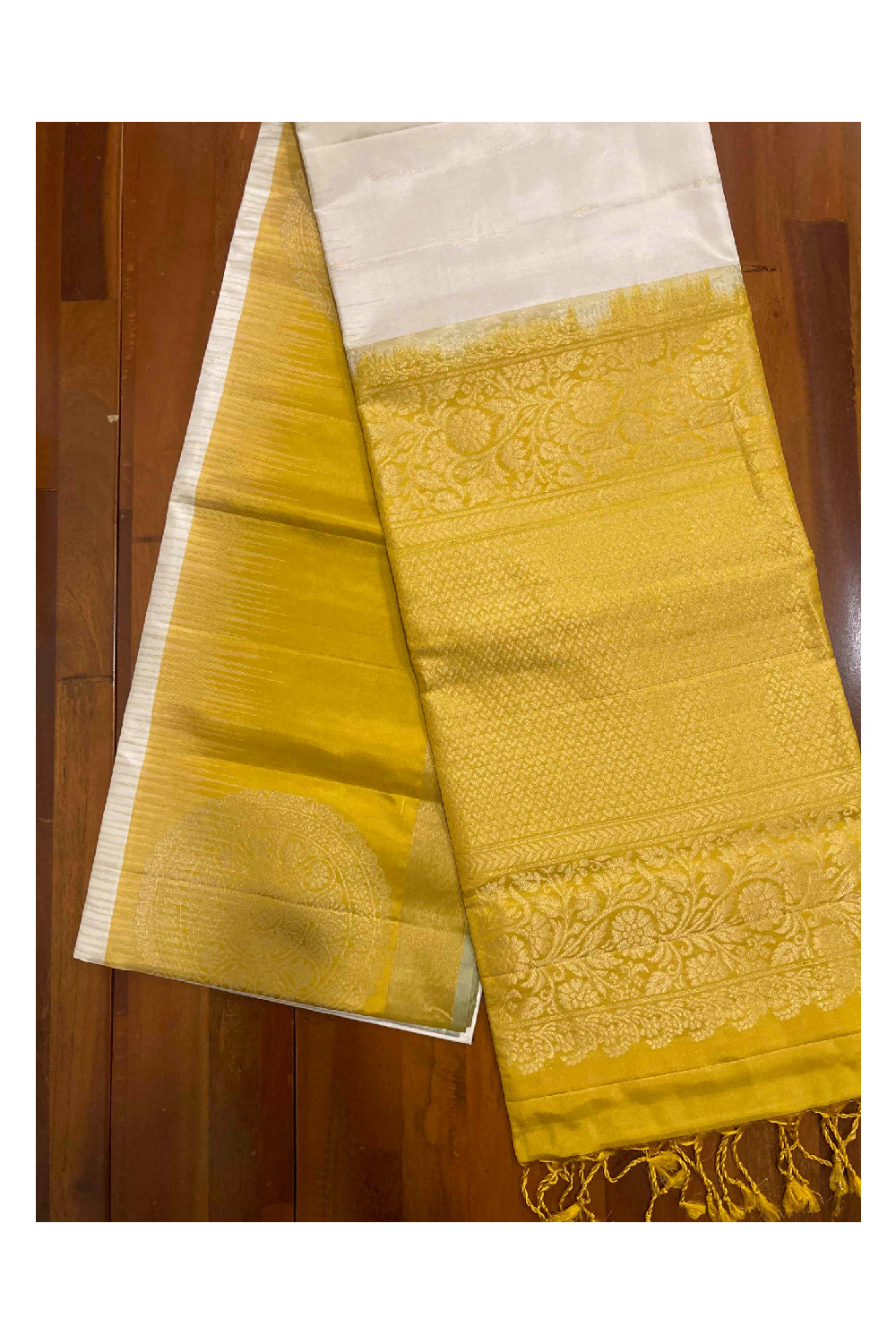 Southloom Handloom Pure Silk Kanchipuram Saree in Cream and Yellow Zari Motifs