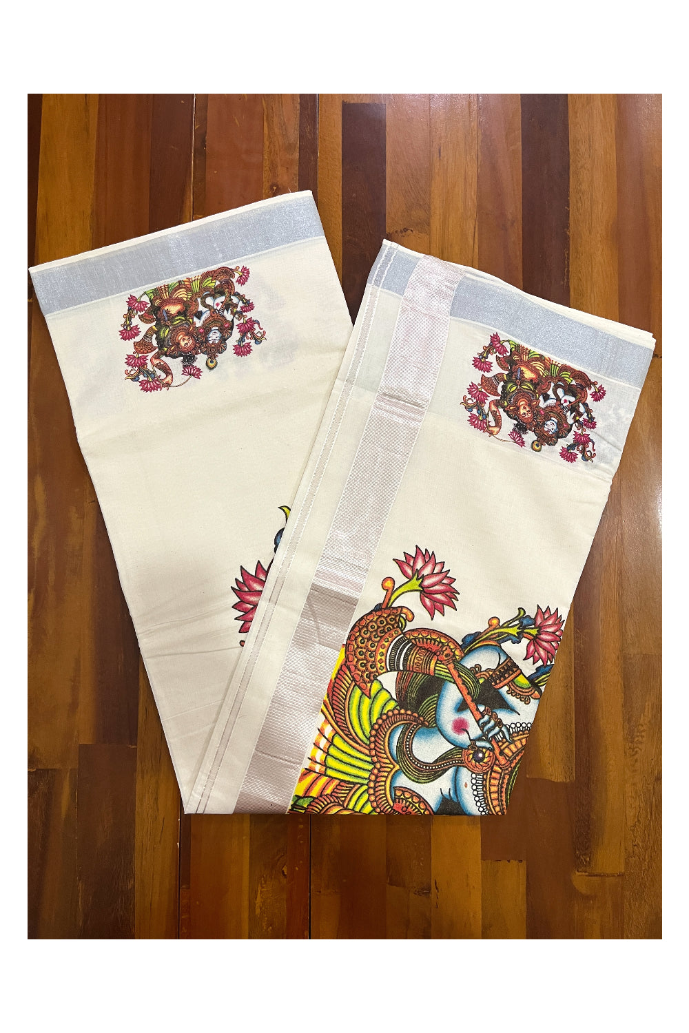 Kerala Pure Cotton Saree with Krishna Radha Mural Prints and Silver Border