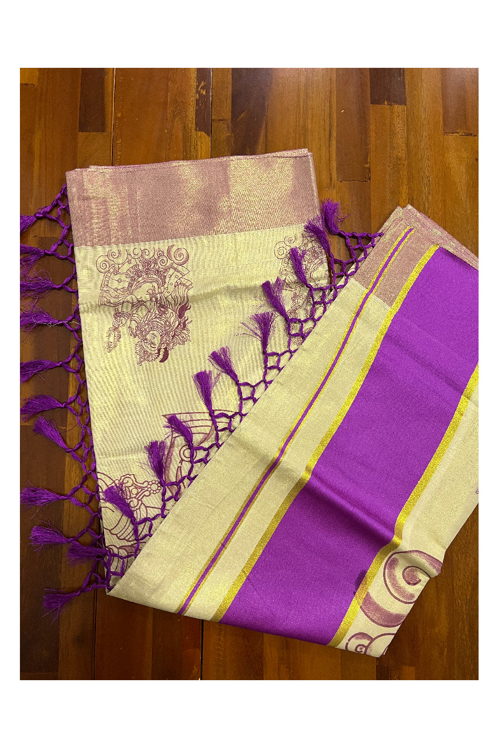 Kerala Tissue Kasavu Mural Printed Saree with Devi Design and Magenta Border